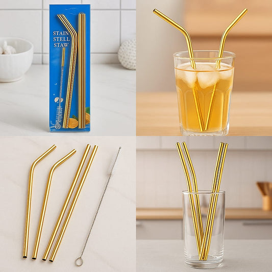 Golden Metal Straw Set – 4 Pcs Reusable with Cleaner