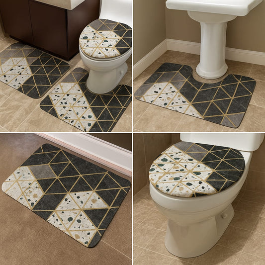 3-Piece Bathroom Mat Set – Geometric Marble Print Absorbent Non-Slip Rugs with Toilet Lid Cover