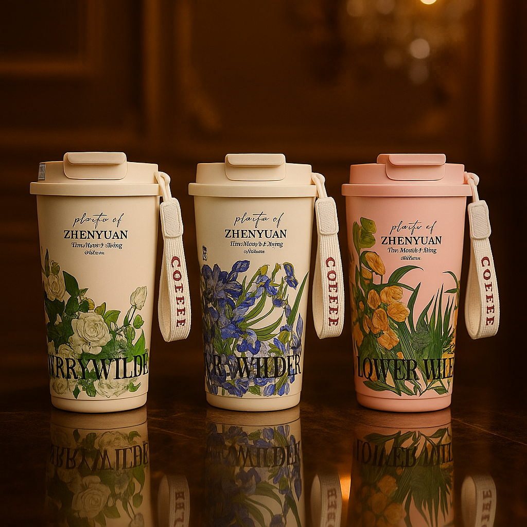 500ml Floral Coffee Travel Cup – Leak-Proof with Strap (Each)
