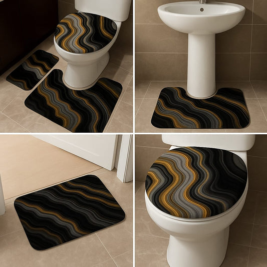 3-Piece Bathroom Mat Set – Black & Gold Wave Print Absorbent Non-Slip Rugs with Toilet Lid Cover