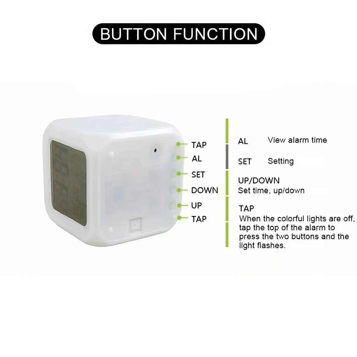 7 color LED alarm clock with button functions for alarm time and settings in a modern design