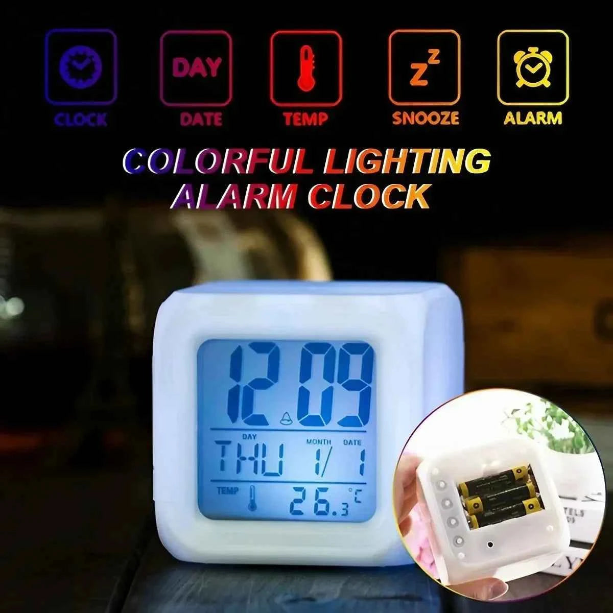 7 color LED alarm clock with digital display showing time, date, temperature, and functions