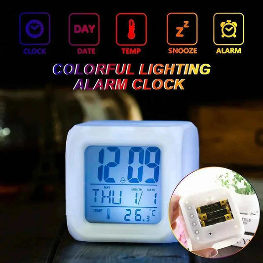 7 color LED alarm clock with digital display showing time, date, temperature, and functions