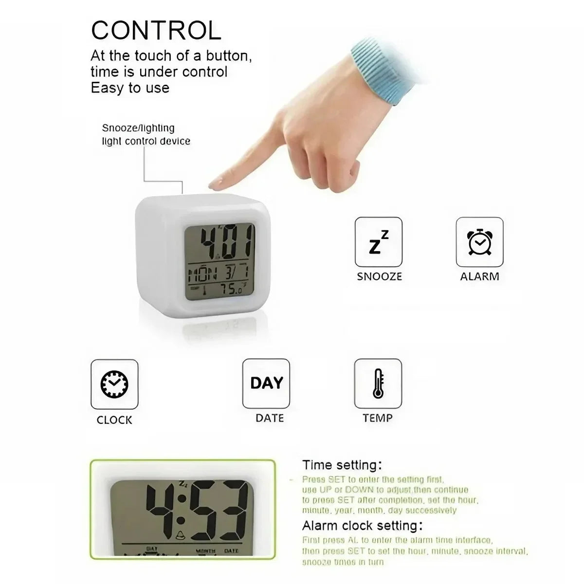 7 color LED alarm clock with adjustable settings for time, alarm, and temperature display