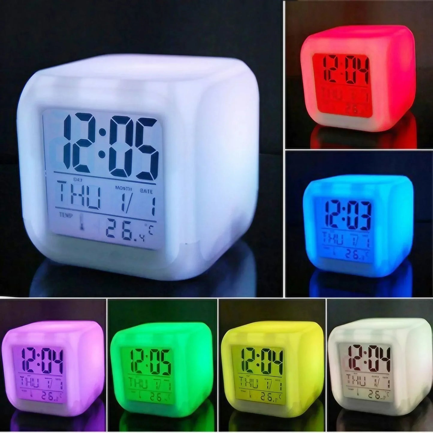 7 color LED alarm clock with a digital display and changing colors for stylish timekeeping