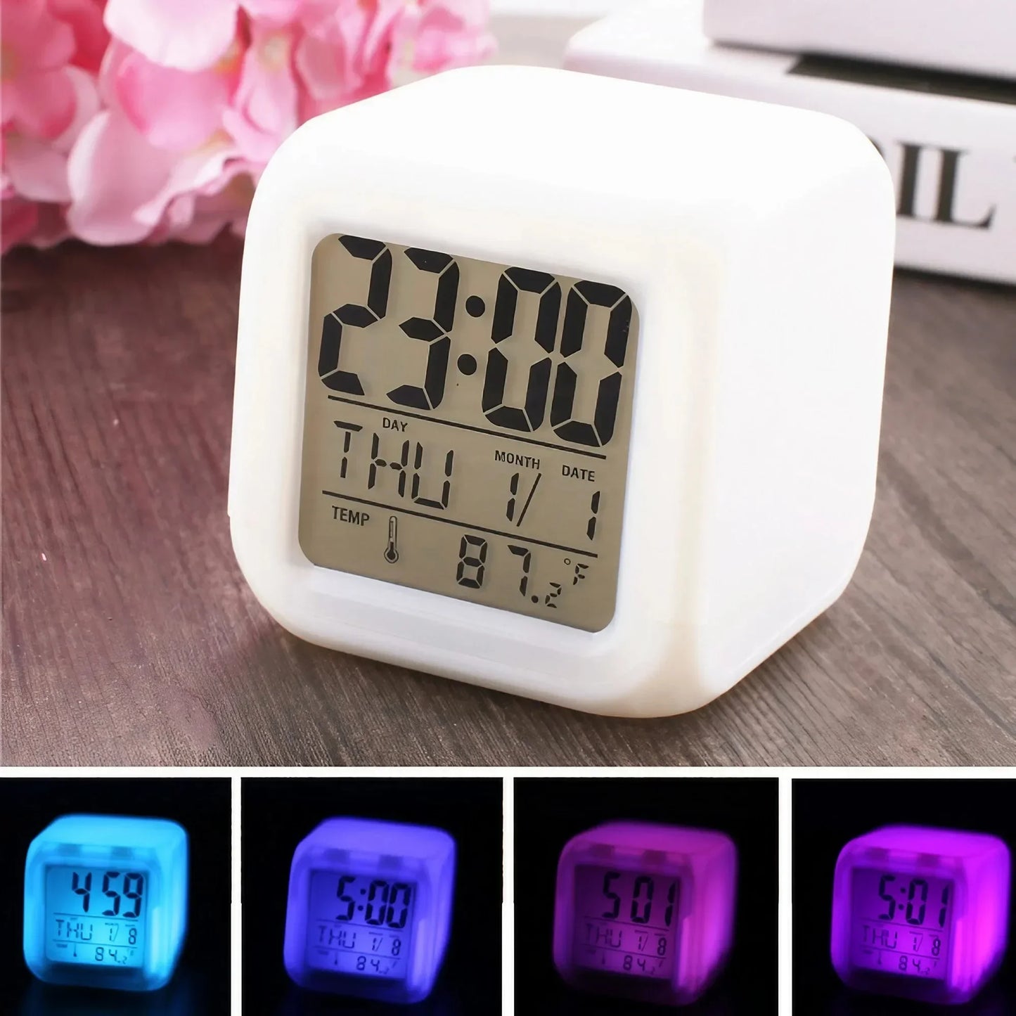 7 color LED alarm clock with digital display showing time, date, and temperature features