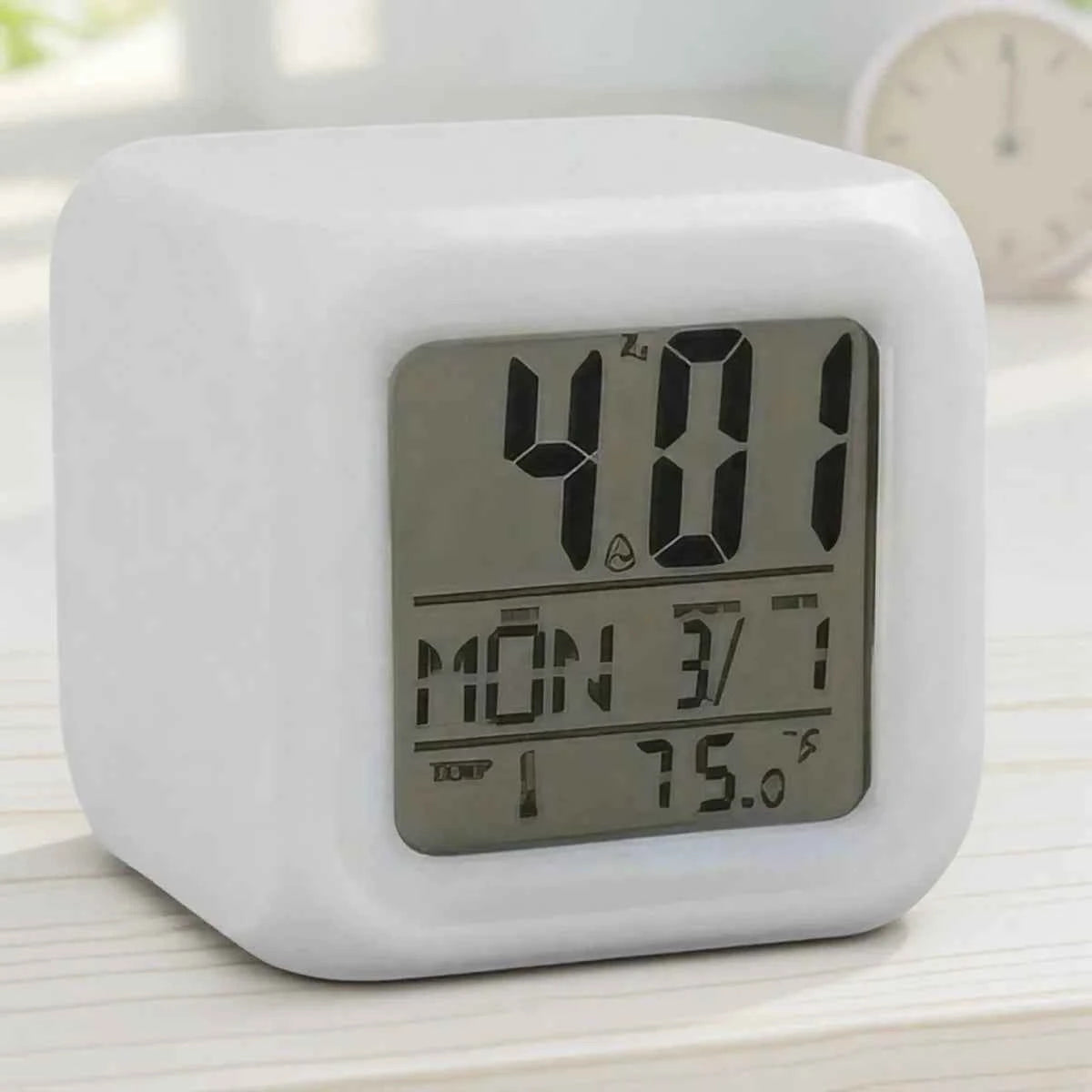 7 color LED alarm clock with clear digital display showing time and temperature