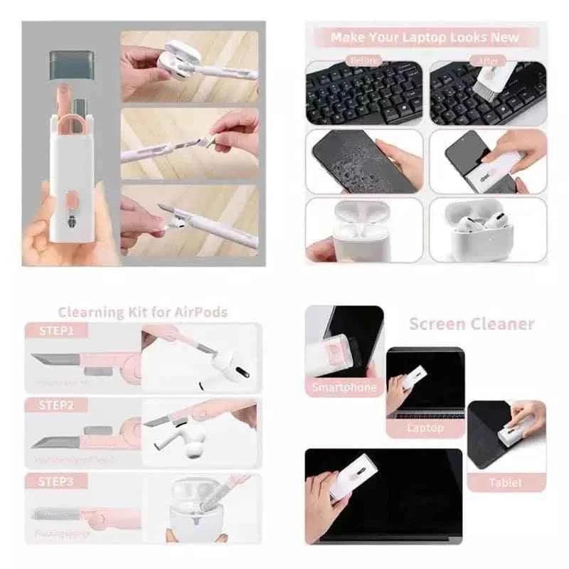7 in 1 keyboard cleaning kit by Clarify showing tools cleaning keyboard, AirPods, smartphone, laptop, and tablet screens