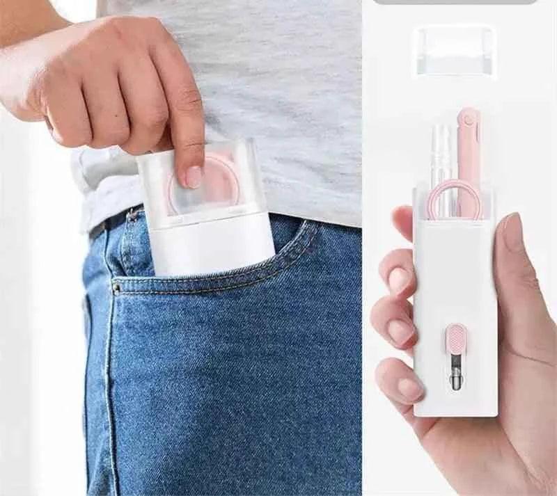 7 in 1 keyboard cleaning kit by Clarify compact and portable white and pink set fits in pocket