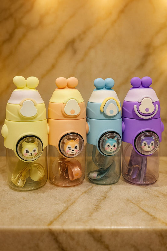Cute Animal Kids Water Bottle – 500ml with Straw (Random Color)