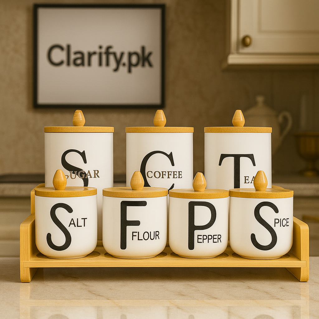 Premium Ceramic Jar Set – 7 Pcs Kitchen Storage with Wooden Stand