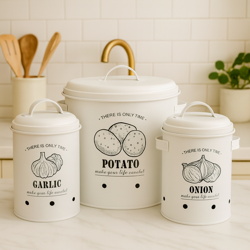 Luxury White Kitchen Canister Set – Potato, Onion & Garlic