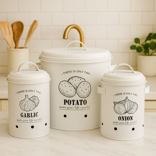 Luxury White Kitchen Canister Set – Potato, Onion & Garlic