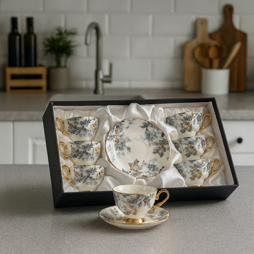 Ceramic 6-Piece Tea Cup & Saucer Set - Elegant Grey & Gold Flower Pattern