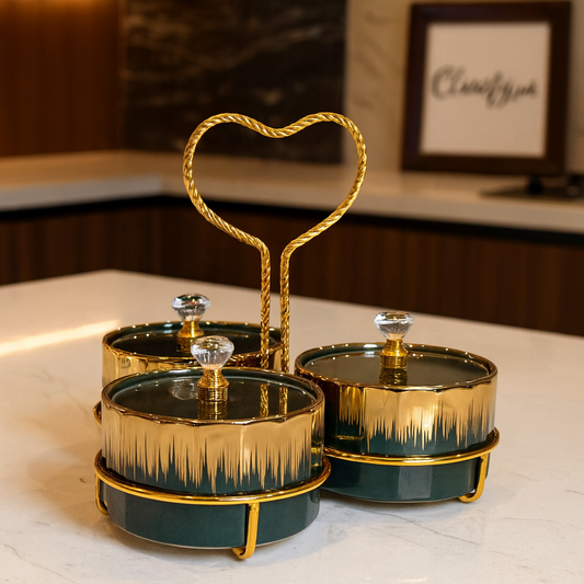 Elegant Black & Gold Ceramic Jar Set – Crystal Lid with Heart Handle