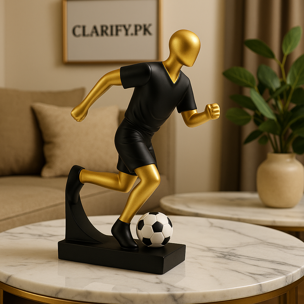 Golden Fiber Footballer Statue – Modern Sports Art Decor Piece