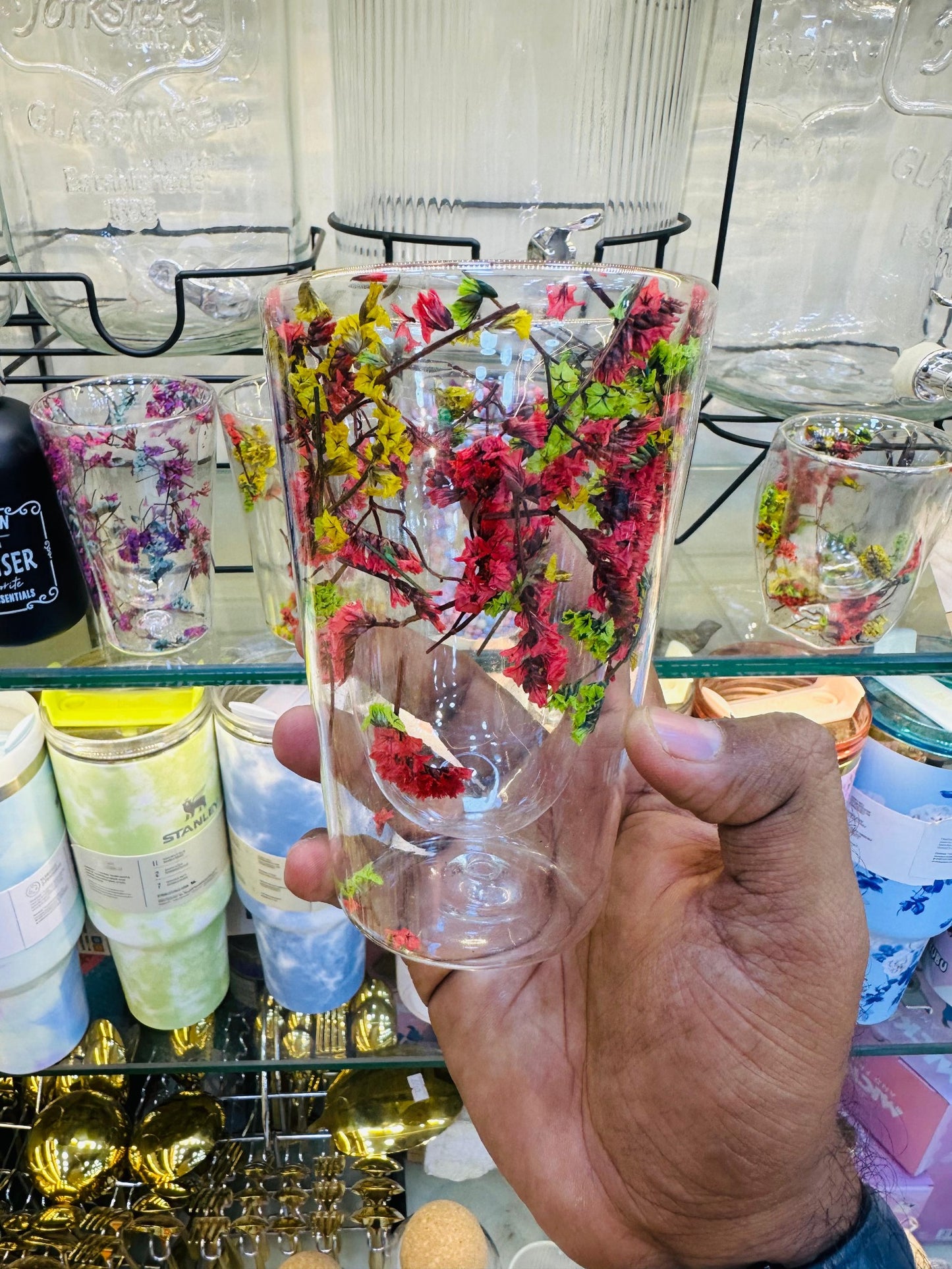 Luxury Red Flower Double-Layer Glass Cup – Elegant Heat-Resistant Mug