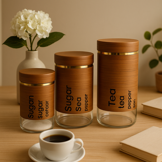 3-Piece Glass Storage Jar Set – Wooden Lid Coffee, Tea & Sugar Containers