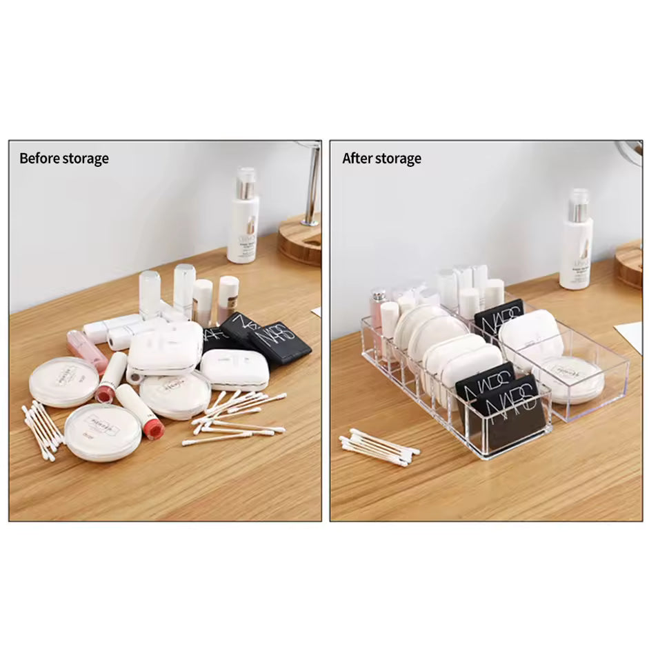 Clear 8 compartment organizer neatly storing makeup products and cotton swabs on a wooden surface