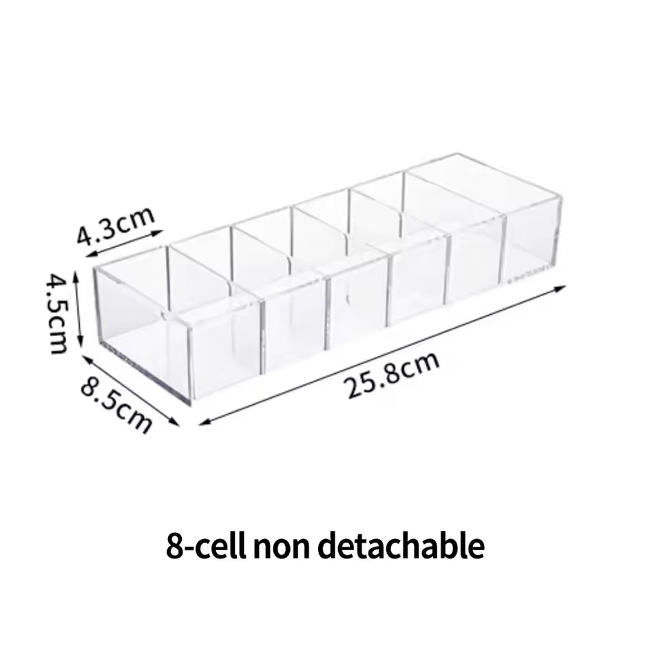 Clear 8 compartment organizer with non detachable cells and dimensions for desk or drawer storage