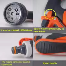 8 pattern water gun nozzle with nylon handle and ripple connector for continuous spraying