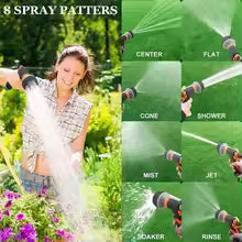 Woman using 8 pattern water gun to spray plants with different spray patterns for gardening and outdoor use