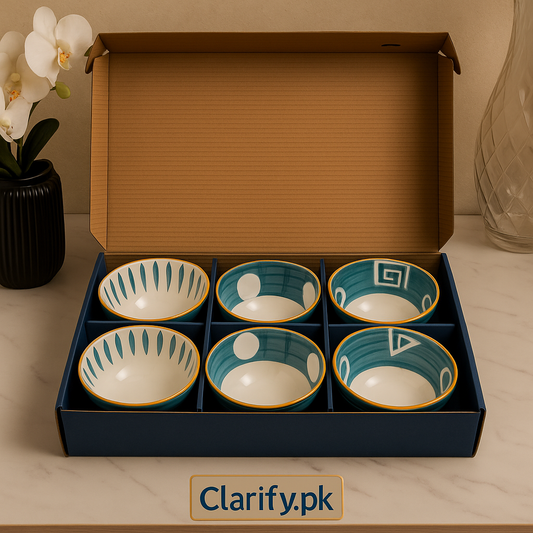 Ceramic Bowl Set Pack of 6 - Modern Blue Abstract Design