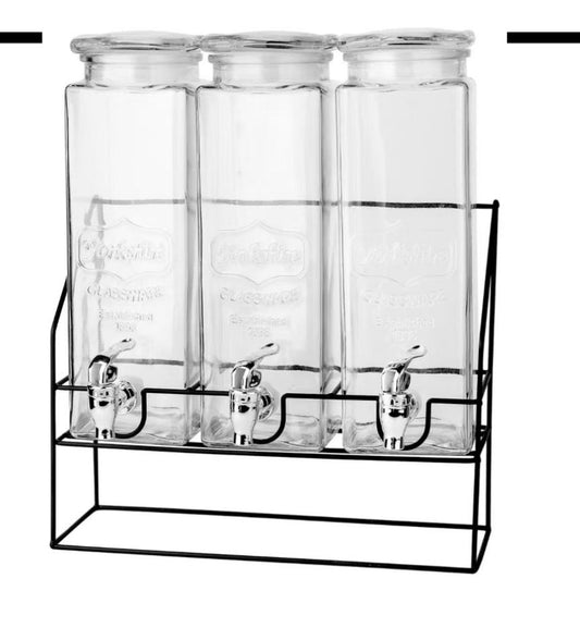 3 Jar Glass Beverage Server - Stylish Drink Dispenser