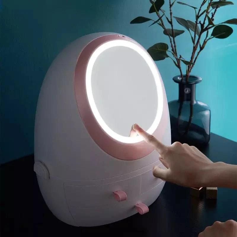 Oval Mirror Cosmetic Organizer with LED Lighted Storage and Makeup Mirror