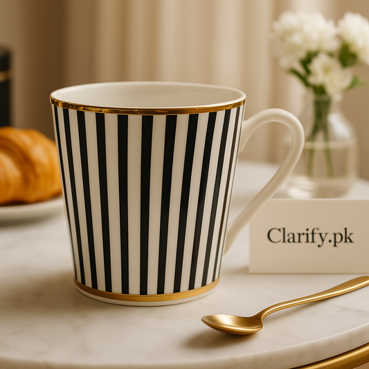 Parisian Elegance Black & Gold Striped Ceramic Mug – Luxury Coffee Cup