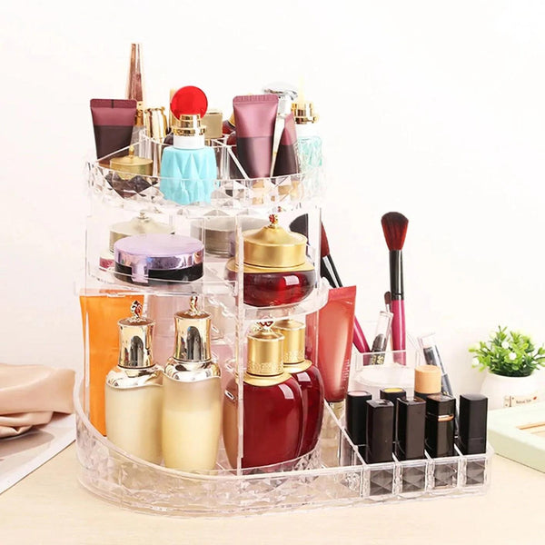 All In One Cosmetic Makeup Organizer, 360 Degree Rotation Makeup Organizer, Crystal Makeup Display Stand, Multifunction Detachable Makeup Beauty Organizer, Adjustable Cosmetic Display Case, Rotatable Transparent Beauty Organizer.