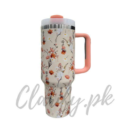 Premium Beige Floral 40oz Tumbler With Handle – 1200ml