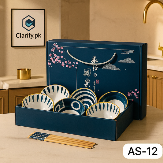 Japanese Ceramic Bowl Set of 6 with Chopsticks – Oriental Blue Blossom Print