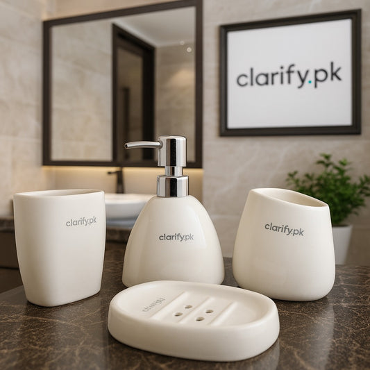 4-Piece Bathroom Set – Elegant White Ceramic with Silver Pump