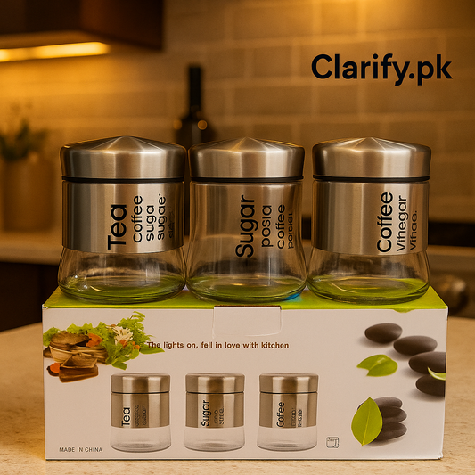 3-Piece Glass Jar Set with Steel Lid - Tea, Sugar, Coffee