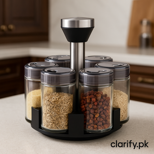 Rotating Spice Rack with Glass Bottles – Kitchen Organizer