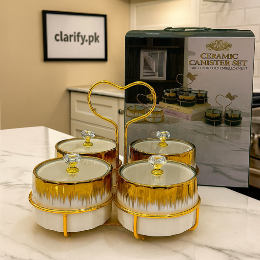 4 Pcs Premium Ceramic Canister Set – Gold Rim with Crystal Lids