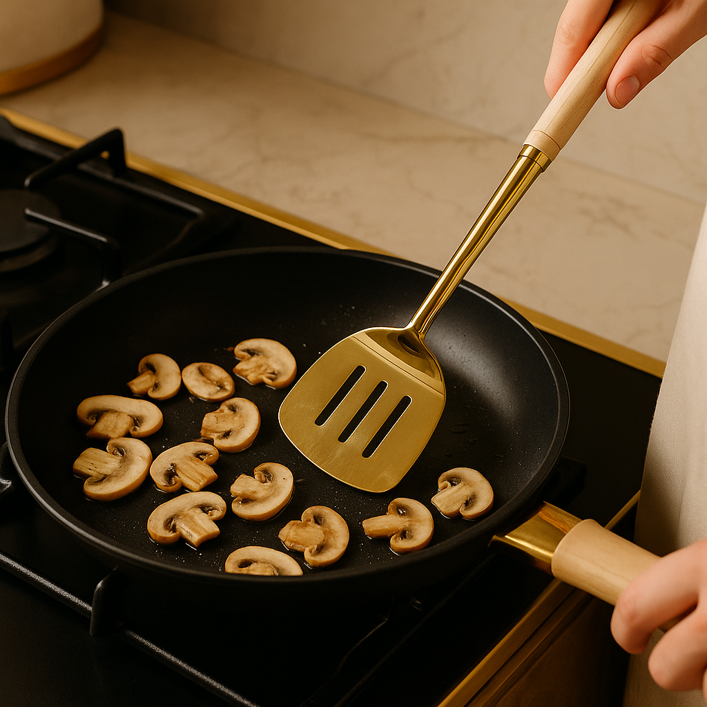 Stainless Steel Golden Turner Spatula with Wooden Handle – Premium Kitchen Tool