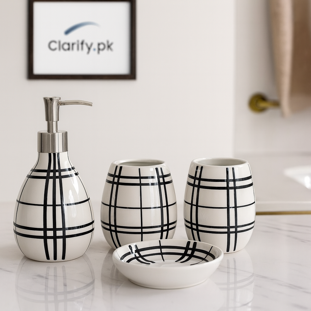4Pcs Luxury Bath Set – Black & White Bathroom Accessories