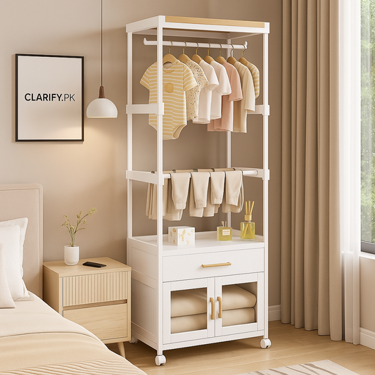 Portable Wardrobe with Cabinet & Hanger – Lightweight & Moveable
