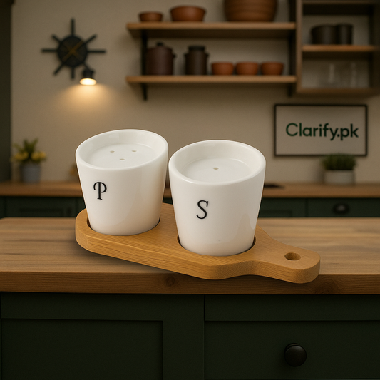 Ceramic Salt & Pepper Set – Bamboo Tray