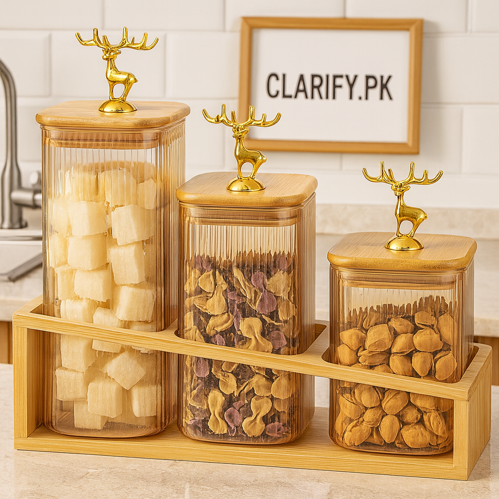 3-Piece Glass Jar Set with Wooden Stand – Elegant Kitchen Storage