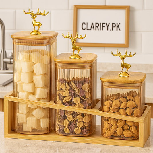 3-Piece Glass Jar Set with Wooden Stand – Elegant Kitchen Storage