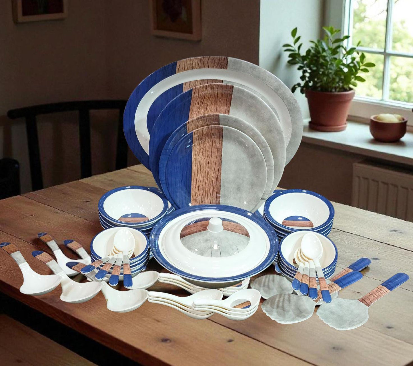 Premium 68 PCS Melamine Dinner Set - Blue & Wood Design