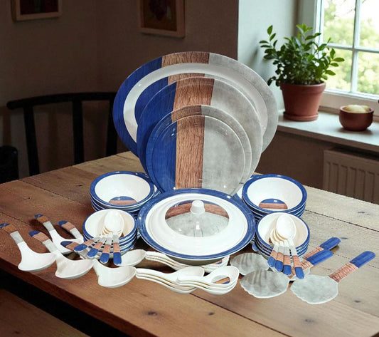 Premium 68 PCS Melamine Dinner Set - Blue & Wood Design