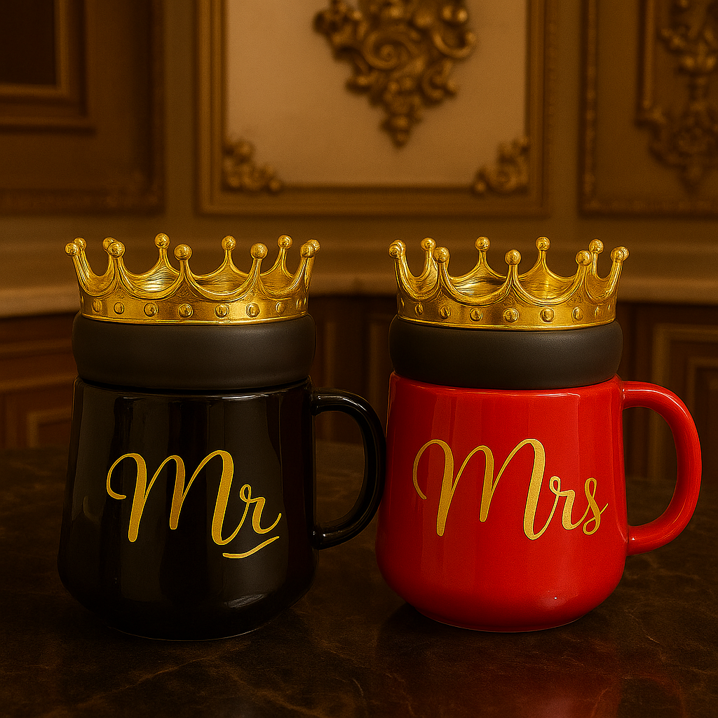 Mr & Mrs Ceramic Mug Set – Royal Crown Couple Cups