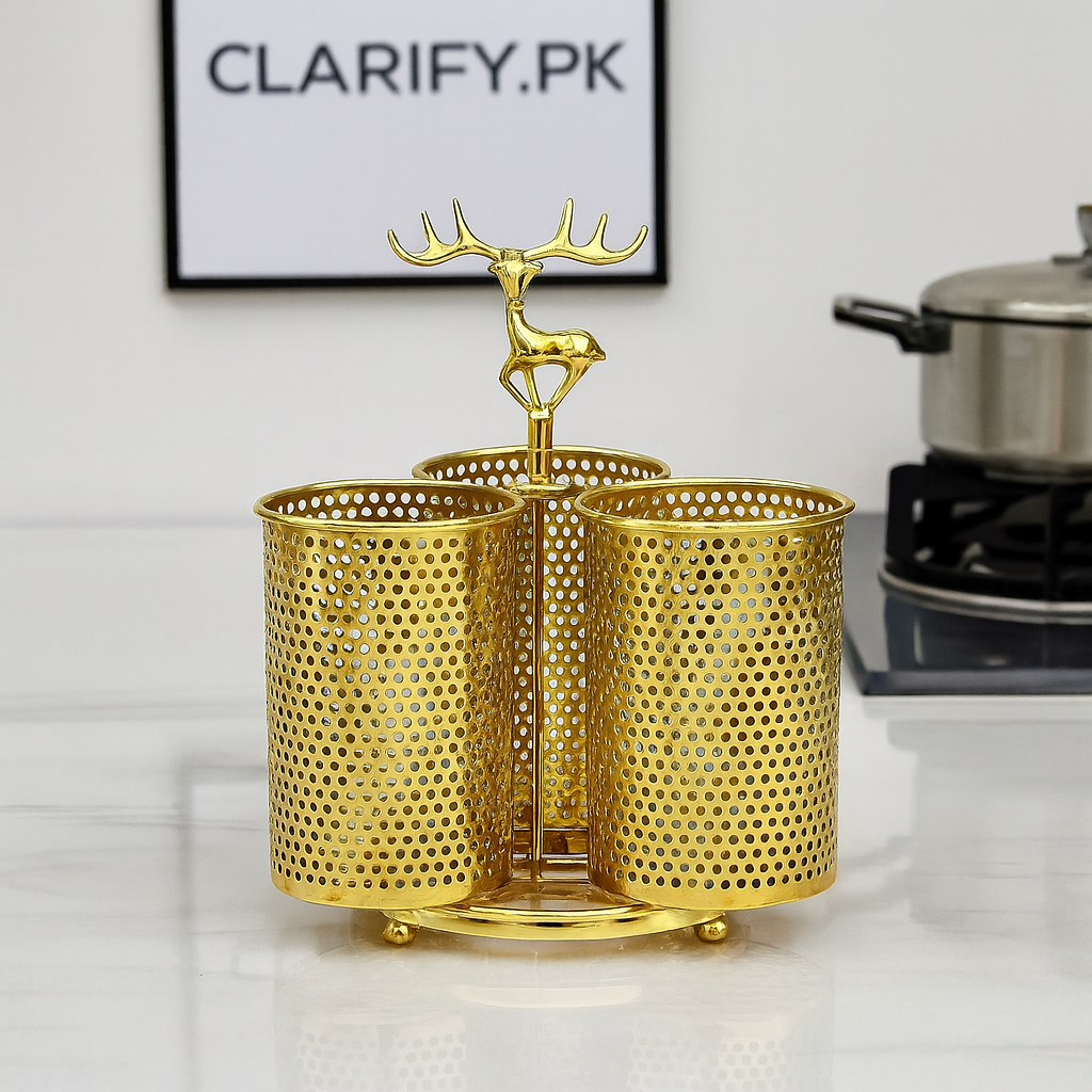 Golden Stainless Steel Cutlery Holder – 3-Section Organizer with Deer Handle