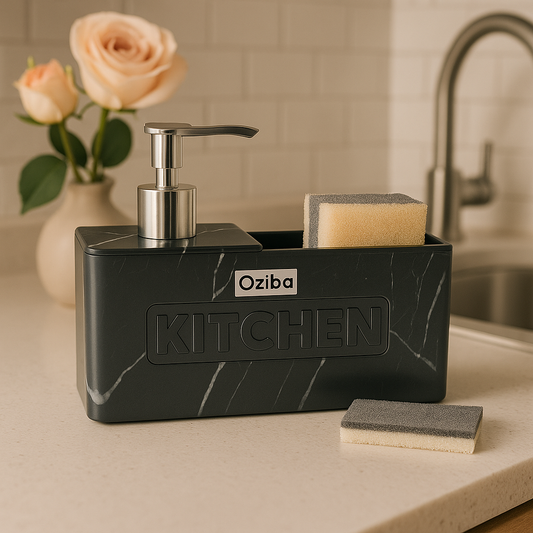 Black Marble Soap Dispenser with Organizer – Elegant Kitchen Counter Set