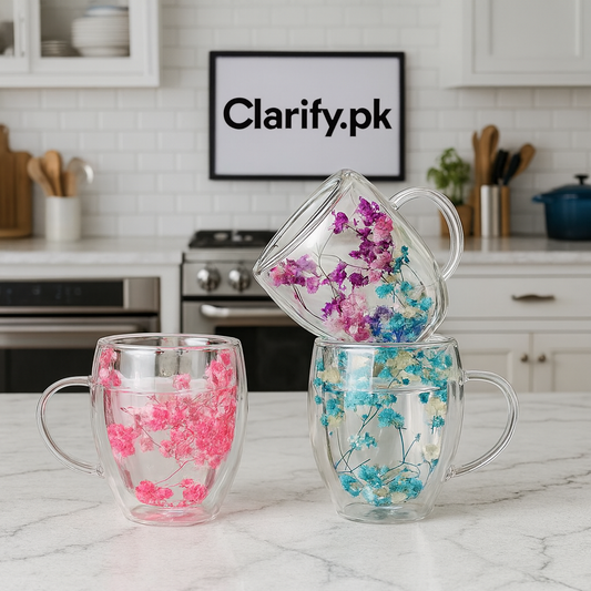 Double Wall Flower Mug 350ml – Insulated Glass Coffee Cup (Random)