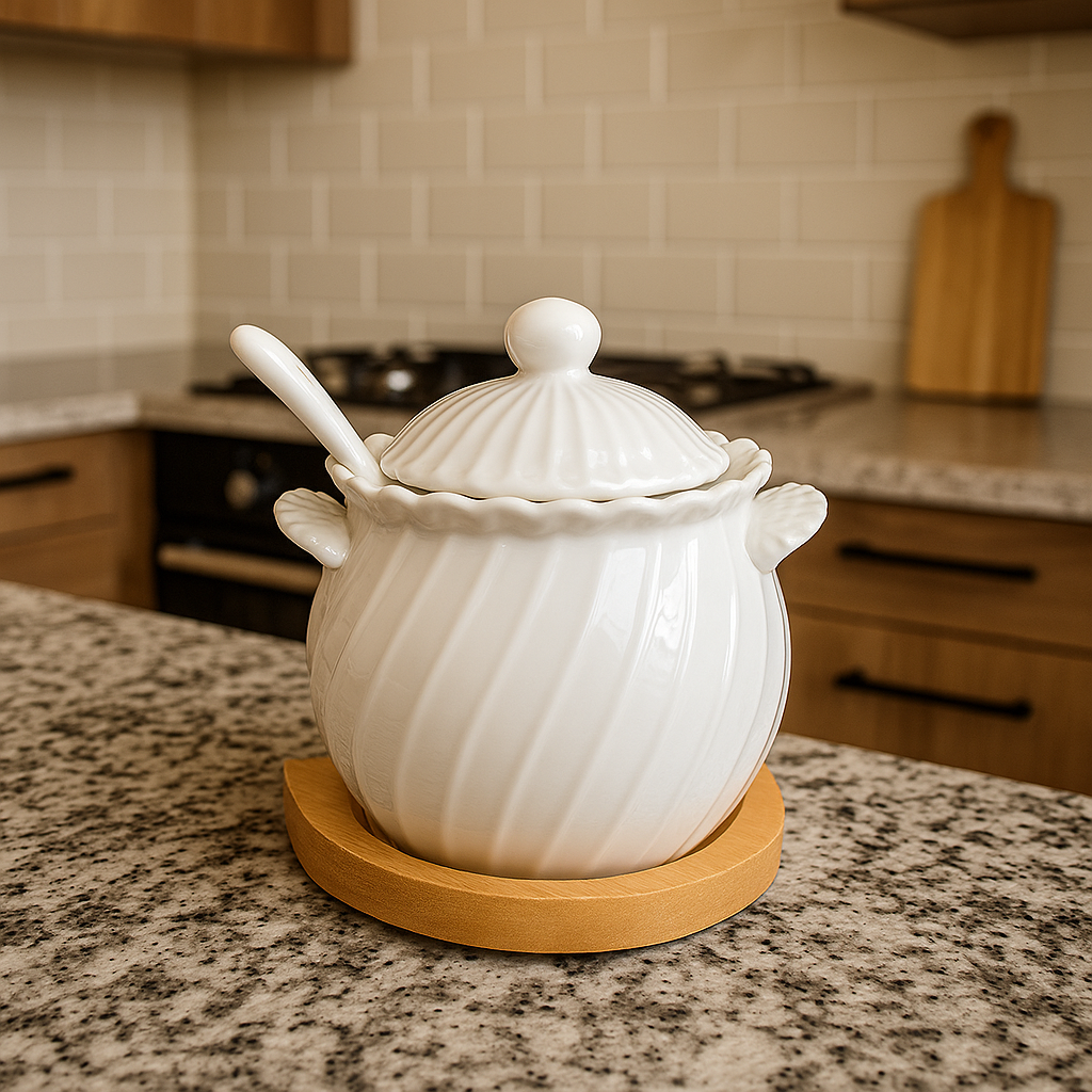 Ceramic Sugar Pot with Spoon & Wooden Base – Spice Jar